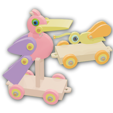 Character Development Pink and purple bird with yellow beak, orange and yellow firefly