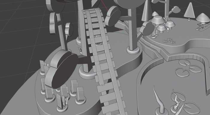 In the beginning Grayscale image showing rough trees and a track