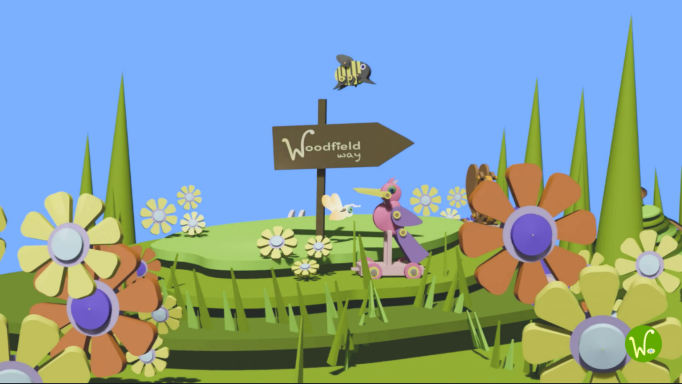 Still from Intro To Episode One Brightly coloured flowers and animals in a green field